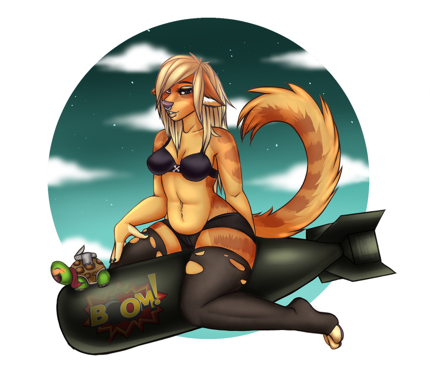 2015 alpha_channel anthro blonde_hair bomb bra breasts brown_fur clothed clothing digital_media_(artwork) explosives facial_piercing feline female fur hair half-closed_eyes hensa hi_res inner_ear_fluff legwear little-munster looking_at_viewer mammal navel nose_piercing panties piercing simple_background sitting smile solo teeth thigh_highs torn_clothing transparent_background underwear