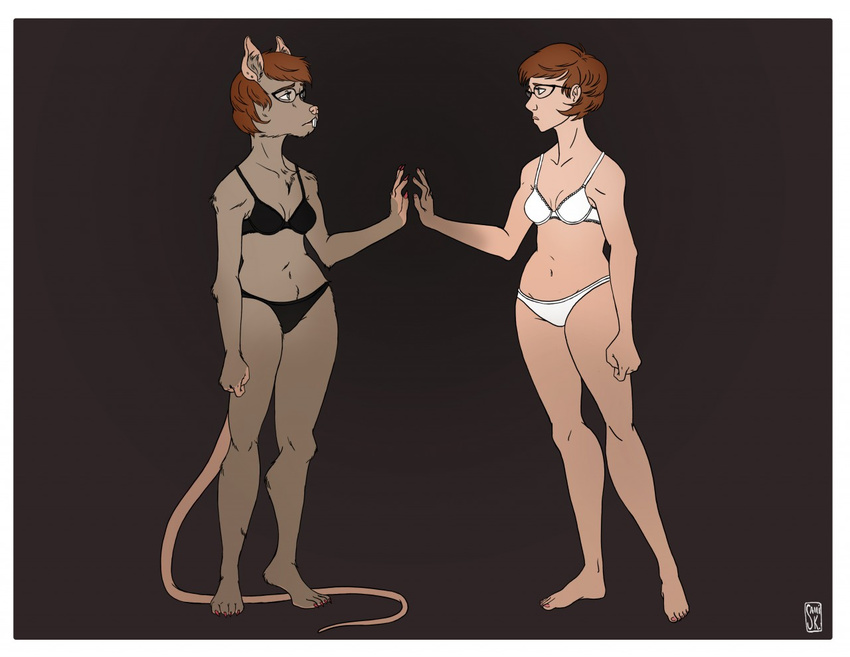 acornbae anthro bra brown_hair buckteeth clothing dual_persona ear_piercing eyewear female glasses hair human looking_at_self mammal panties piercing rat rodent simple_background solo teeth underwear wererat