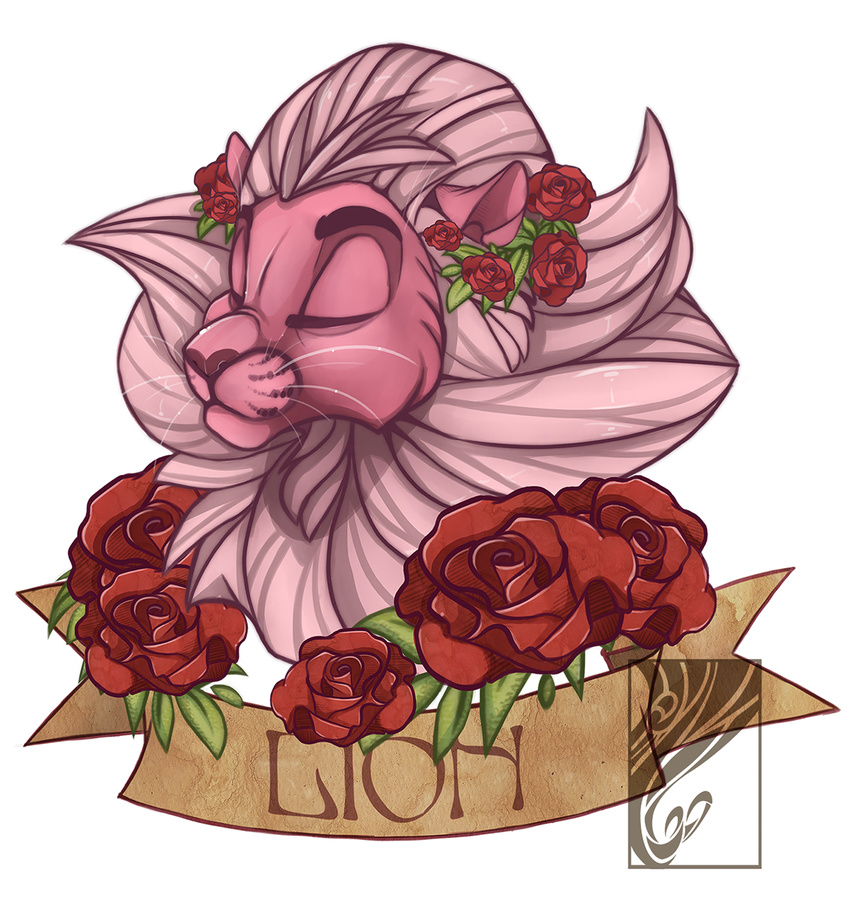 banner casynuf cheek_tuft ears_back english_text eyes_closed feline flower fur headshot_portrait hi_res lion male mammal pink_ears pink_fur pink_nose plant portrait rose side_view simple_background solo text tuft whiskers white_background white_mane