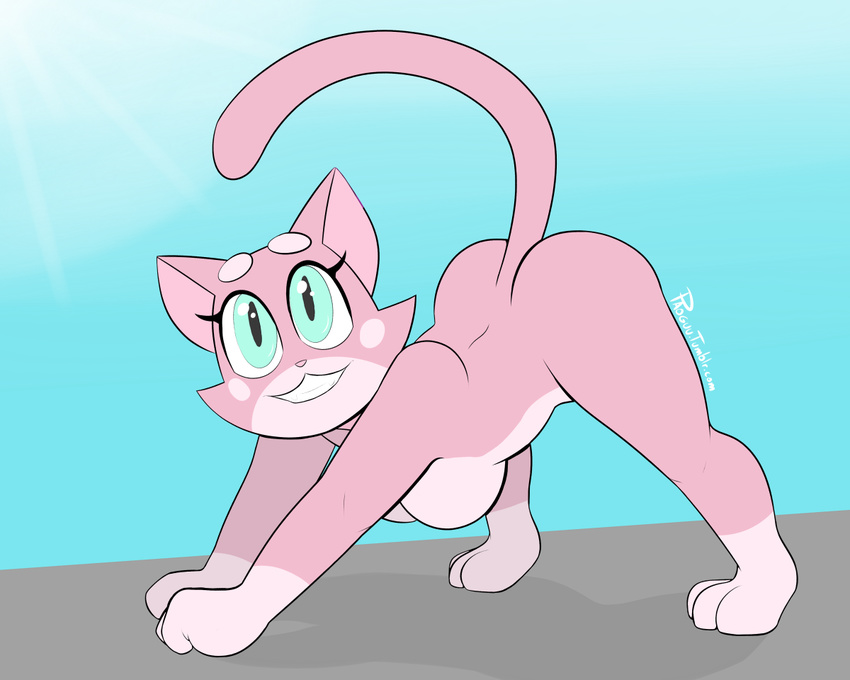 2015 anthro ass_up blue_eyes breasts butt cat feline female fur mammal nude paoguu pink_fur shima_luan simple_background smile solo super_planet_dolan