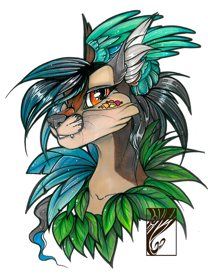 anthro blue_feathers blue_hair brown_fur casynuf cheek_tuft cyan_feathers cyan_hair ear_tuft facial_markings fangs feathers feline female fur grey_fur grey_hair grey_nose grin hair head_wings headshot_portrait hi_res inner_ear_fluff leaf long_hair looking_at_viewer mammal markings multicolored_fur multicolored_hair orange_eyes portrait simple_background solo teeth tuft two_tone_fur whiskers white_background white_sclera wings