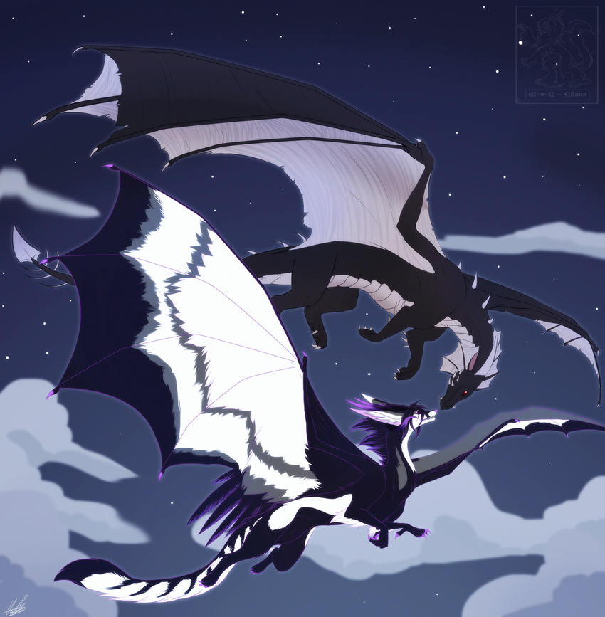 2015 ambiguous_gender black_fur black_scales claws cloud digital_media_(artwork) dragon eye_contact feral fur furred_dragon grey_scales hi_res horn male membranous_wings multicolored_fur multicolored_scales outside pink_eyes red_eyes scales sky spikes star starry_sky teeth two_tone_fur two_tone_scales white_fur wing-of-chaos wings