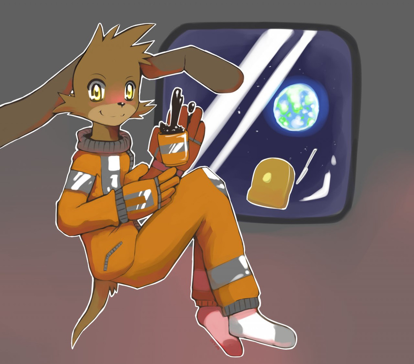 anthro beverage blush bread breakfast canine clothing coffee dog earth floating food legwear long_ears looking_at_viewer male mammal side_view smile socks solo space spacesuit toast whiteleo window