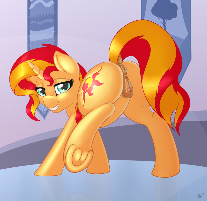 2015 absurd_res animal_genitalia anus butt clitoris cutie_mark digital_media_(artwork) dock edit equestria_girls equine equine_pussy female feral hair hi_res horn looking_at_viewer mammal multicolored_hair my_little_pony pussy raised_leg ratofdrawn smile solo sunset_shimmer_(eg) two_tone_hair underhoof unicorn