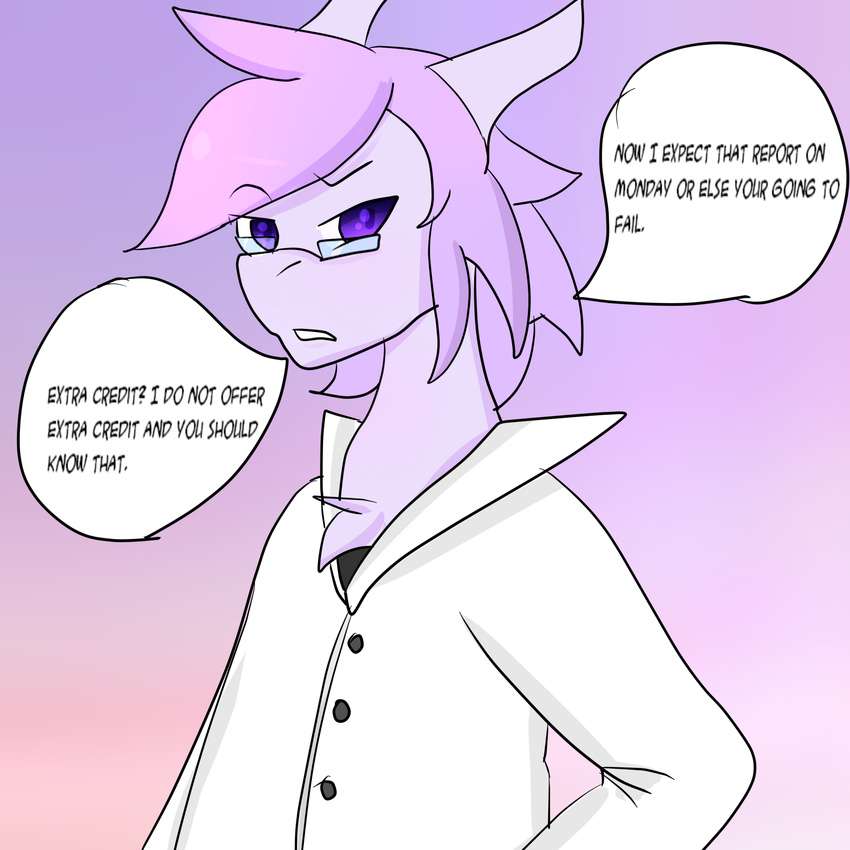 ? clothing coat dialogue digital_media_(artwork) english_text featherystorm frown hi_res legendary_pok&eacute;mon looking_at_viewer male mewtwo nintendo pink_background pok&eacute;mon purple_eyes scientist simple_background text video_games white_sclera