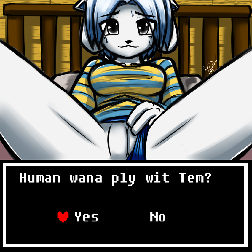 1:1 bed breasts clothing datfurrydude female hair hi_res imminent_sex interspecies on_bed option panties panties_aside presenting presenting_pussy pussy short_hair solo_focus spread_legs spreading sweat temmie_(undertale) undertale underwear video_games