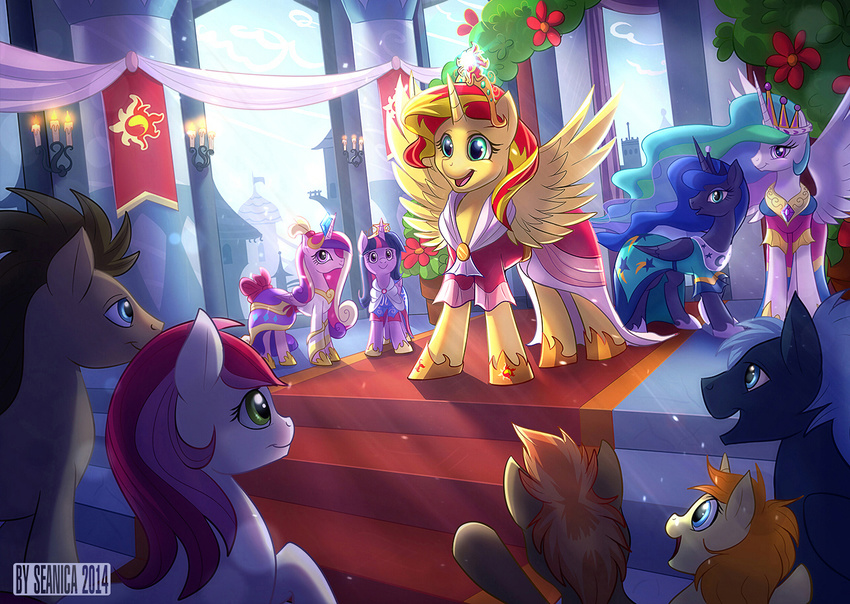 2014 candle carpet clothing crown doctor_whooves_(mlp) equestria_girls equine female feral flower friendship_is_magic group horn horse male mammal my_little_pony plant pony princess_cadance_(mlp) princess_celestia_(mlp) princess_luna_(mlp) rose_(mlp) seanica sky smile stairs sunset_shimmer_(eg) tapestry tower twilight_sparkle_(mlp) unicorn window winged_unicorn wings