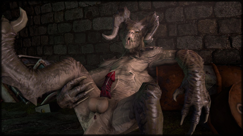 balls barrels claws deathclaw erection fallout fearsfortears feral horn leaning leaning_back looking_at_viewer male nude penis precum presenting scales solo teeth tongue tongue_out video_games