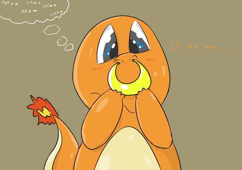 ambiguous_gender blue_eyes blush brown_background charmander confusion cute digital_media_(artwork) embarrassed facial_piercing hi_res multicolored_scales nintendo nose_piercing nose_ring orange_scales piercing pok&eacute;mon scales simple_background solo tan_background tan_scales thought_bubble two_tone_scales video_games white_sclera