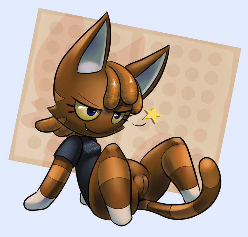 animal_crossing anthro blue_eyes bottomless brown_fur brown_hair cat clitoris clothed clothing dreadlocks english_text fangs feline female fur grin hair half-dressed katt_(animal_crossing) mammal nintendo presenting pussy solo spreading star teckworks text video_games