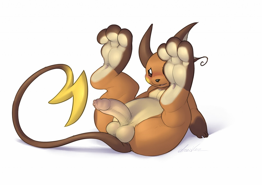 3_toes anthro ass_up balls blush brown_eyes dreiker feet_up long_foreskin long_tail male nintendo paws penis phimosis pok&eacute;mon pose presenting raichu smile solo spiky_hair tight_foreskin toes uncut video_games