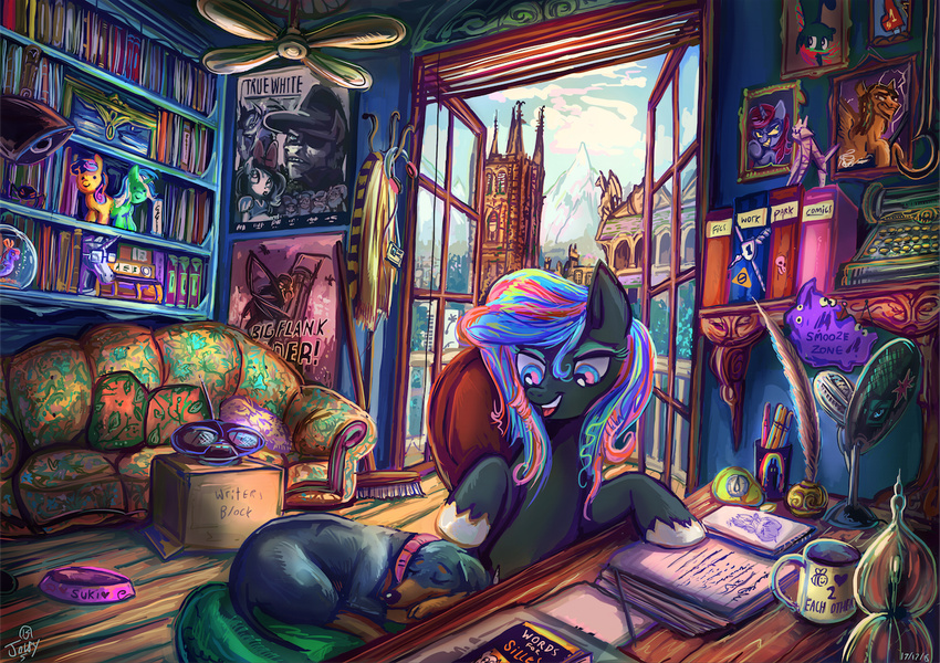 2015 bonbon_(mlp) bookshelf bowl box broom canine ceiling_fan collar cup desk dog equine fan_character feathers female feral friendship_is_magic horse inside jowybean lantern loose_feather lying lyra_heartstrings_(mlp) mammal mountain my_little_pony pony quill tower typewriter