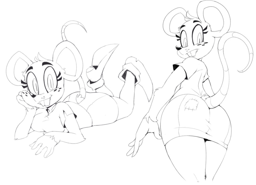 anthro black_and_white breasts buckteeth butt clothing eyelashes female looking_back mammal monochrome mouse rodent smile solo super_planet_dolan teeth vimhomeless