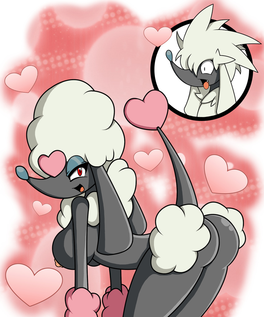 &lt;3 anthro anthrofied breasts butt female fur furfrou hi_res looking_at_viewer looking_back naughty_face nintendo open_mouth pok&eacute;mon red_eyes simple_background solo standing vexus309 video_games white_fur