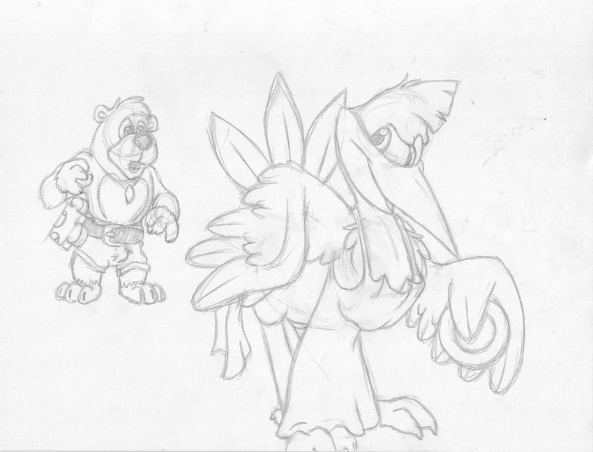 absurd_res anthro apron avian banjo-kazooie banjo_(banjo-kazooie) barefoot beak bear bent_over bird clothed clothing duo female front_view greyscale half-dressed hi_res kazooie male mammal mizzyam monochrome open_mouth pencil_(artwork) pendant plate shorts stare tenting topless traditional_media_(artwork)