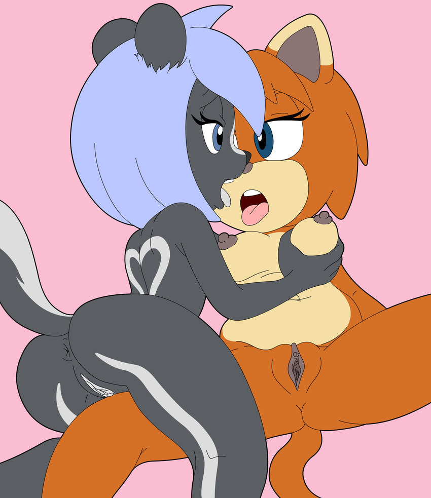 2015 absurd_res anthro audrey_skunk breast_grab breasts cat feline female female/female hand_on_breast hi_res kissing mammal mileymouse nipples overweight pussy saskia_tabbs silvy_skunkette skunk slightly_chubby tabby the_other_half tongue tongue_out