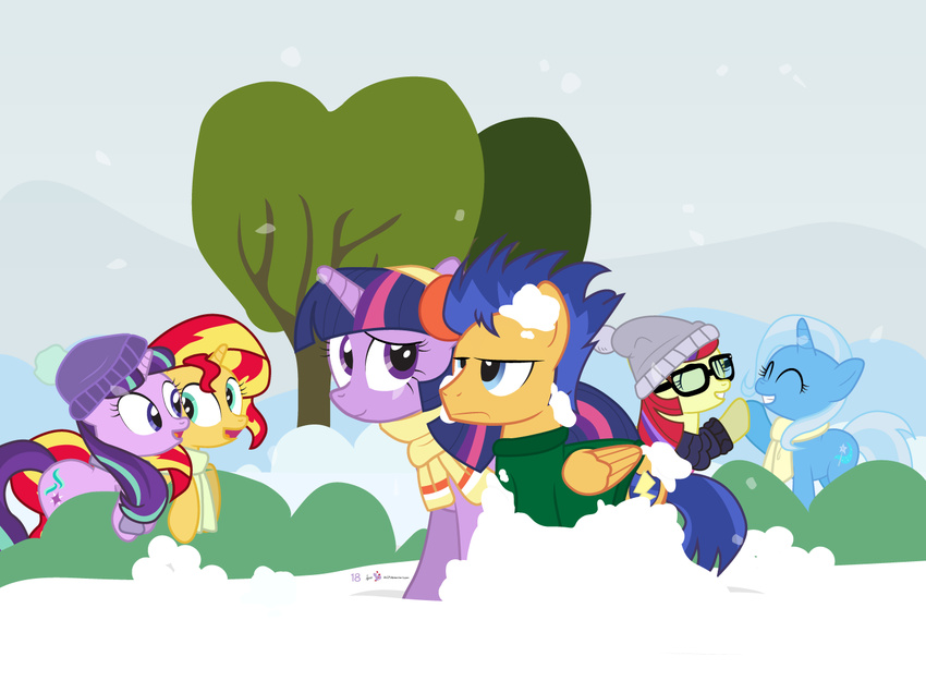 2015 clothing dm29 equestria_girls equine female flash_sentry_(mlp) friendship_is_magic group horn male mammal moondancer_(mlp) my_little_pony pegasus snow snowing starlight_glimmer_(mlp) sunset_shimmer_(eg) tree trixie_(mlp) unicorn winged_unicorn wings