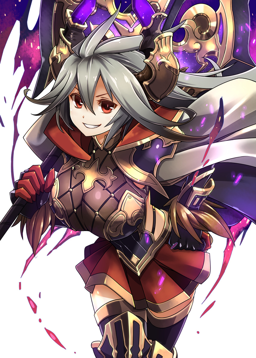 albino armor bangs boots breasts cape carrying_over_shoulder draph gloves granblue_fantasy grey_hair grin hair_between_eyes hakoniwa_tsuka highres holding holding_weapon horns large_breasts long_hair looking_at_viewer pleated_skirt red_eyes red_skirt sharp_teeth simple_background skirt smile solo teeth thalatha_(granblue_fantasy) thigh_boots thighhighs weapon white_background zettai_ryouiki