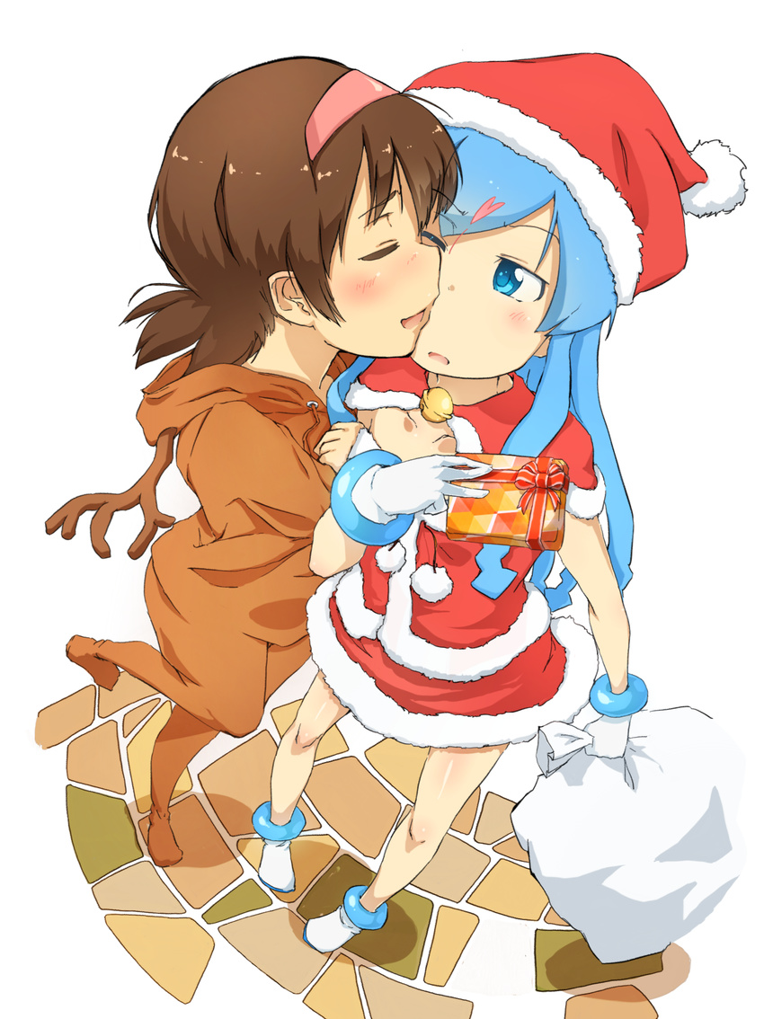 absurdres animal_costume antlers blue_eyes blue_hair blush brown_hair christmas closed_eyes dress ei_(ss4) gloves hairband hat highres ikamusume long_hair multiple_girls nagatsuki_sanae open_mouth reindeer_costume sack santa_costume santa_hat shinryaku!_ikamusume short_hair smile tentacle_hair tentacles yuri