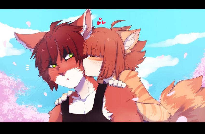 &lt;3 anthro brown_hair cat clothed clothing duo eyes_closed feline female freckles ginger_hair green_eyes hair kissing konrad_zengel lynx male mammal ookami-kun outside pink_nose shirt smile tabby_cat tank_top tender vera_(iskra) whiskers