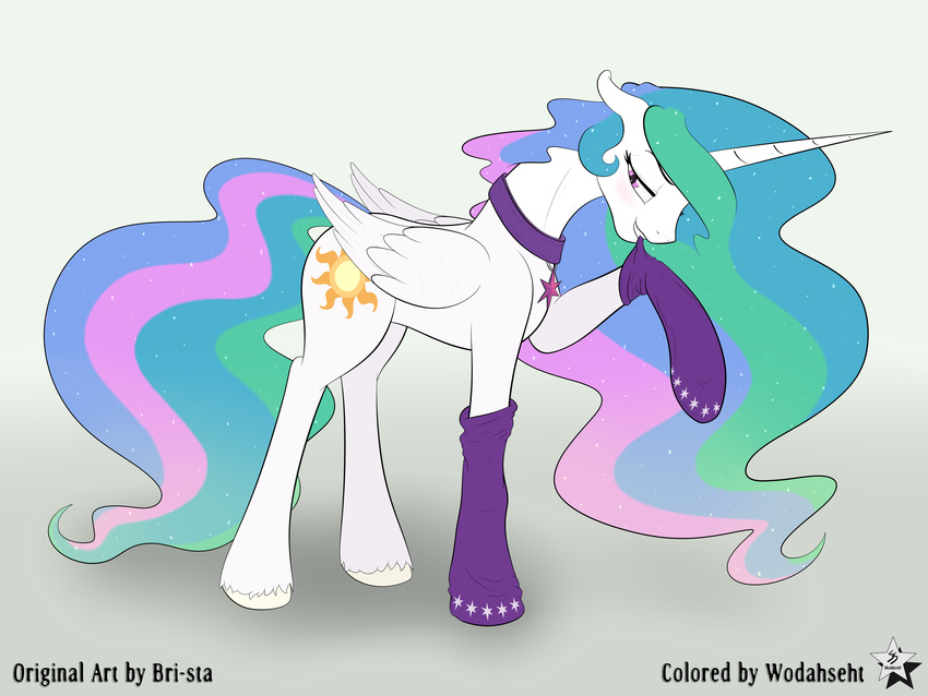 2015 absurd_res bri-sta clothing collar cutie_mark equine female feral friendship_is_magic fur hair hi_res horn legwear long_hair mammal multicolored_hair my_little_pony pink_eyes princess_celestia_(mlp) socks solo teeth white_fur winged_unicorn wings wodahseht