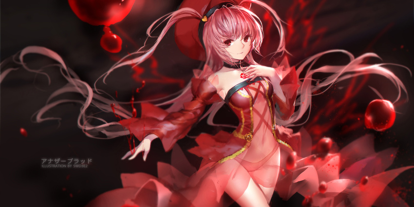 another_blood blood choker collarbone darkness demonbane detached_sleeves dress hairband hat highres long_hair long_sleeves looking_at_viewer m.u.g.e.n no_bra panties pink_hair red_dress red_eyes see-through smile solo swd3e2 two_side_up underwear very_long_hair wide_sleeves