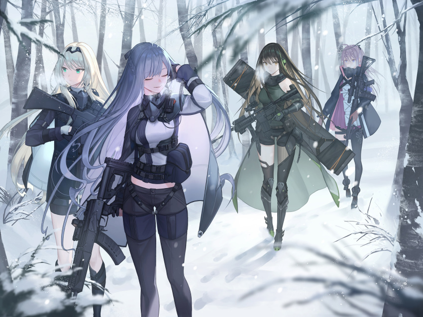 adjusting_hair ak-12 ak-12_(girls_frontline) ammunition ammunition_belt ammunition_pouch an-94 an-94_(girls_frontline) anti-rain_(girls_frontline) ar-15 armband assault_rifle bangs bare_tree belt black_shorts blonde_hair blue_eyes blurry_foreground braid brown_eyes brown_hair closed_mouth commentary defy_(girls_frontline) eyebrows_visible_through_hair eyes_closed fingerless_gloves forest french_braid full_body girls_frontline gloves gun hair_tucking hairband hand_up highres holding holding_gun holding_weapon jacket long_hair long_sleeves m4_carbine m4a1_(girls_frontline) mod3_(girls_frontline) mt_(ringofive) multicolored_hair multiple_girls nature outdoors pink_hair pouch revision ribbon rifle scarf scope short_shorts shorts side_ponytail sidelocks silver_hair single_thighhigh sleeveless smile snow snowing st_ar-15_(girls_frontline) standing strap streaked_hair thigh_strap thighhighs tree trigger_discipline very_long_hair walking weapon winter