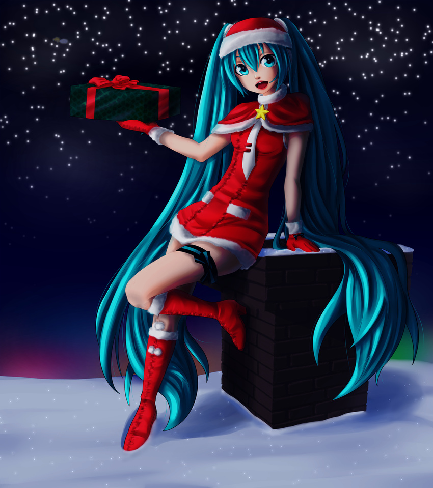 absurdres arm_support blue_bow blue_eyes blue_hair boots bow brick building capelet chimney christmas fur_trim gift glove_bow gloves hair_between_eyes hat hatsune_miku head_tilt highres house huge_filesize knee_boots leg_garter leg_up long_hair looking_at_viewer necktie night night_sky pinkisch pocket pom_pom_(clothes) red_footwear red_gloves red_ribbon ribbon rooftop santa_boots santa_costume santa_hat sky snow snowflakes solo standing teeth twintails very_long_hair vocaloid white_neckwear