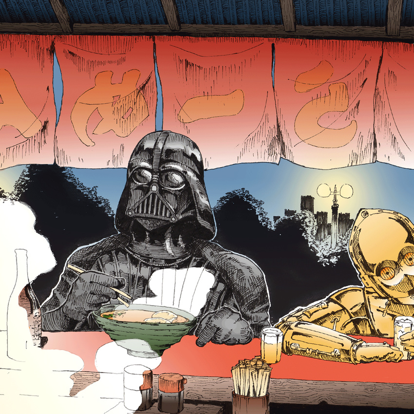 beer bowl c-3po chopsticks darth_vader drinking eating food food_stand highres kebo moon night noodles ramen road star_wars steam street yatai