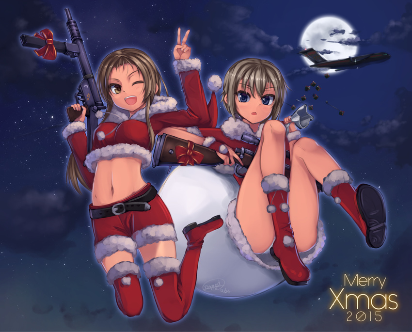 aircraft airplane blue_eyes bolt_action brown_eyes brown_hair dreadtie falling gun highres lee-enfield long_hair midriff multiple_girls one_eye_closed original rifle santa_costume scope short_hair sten_gun submachine_gun thighhighs weapon