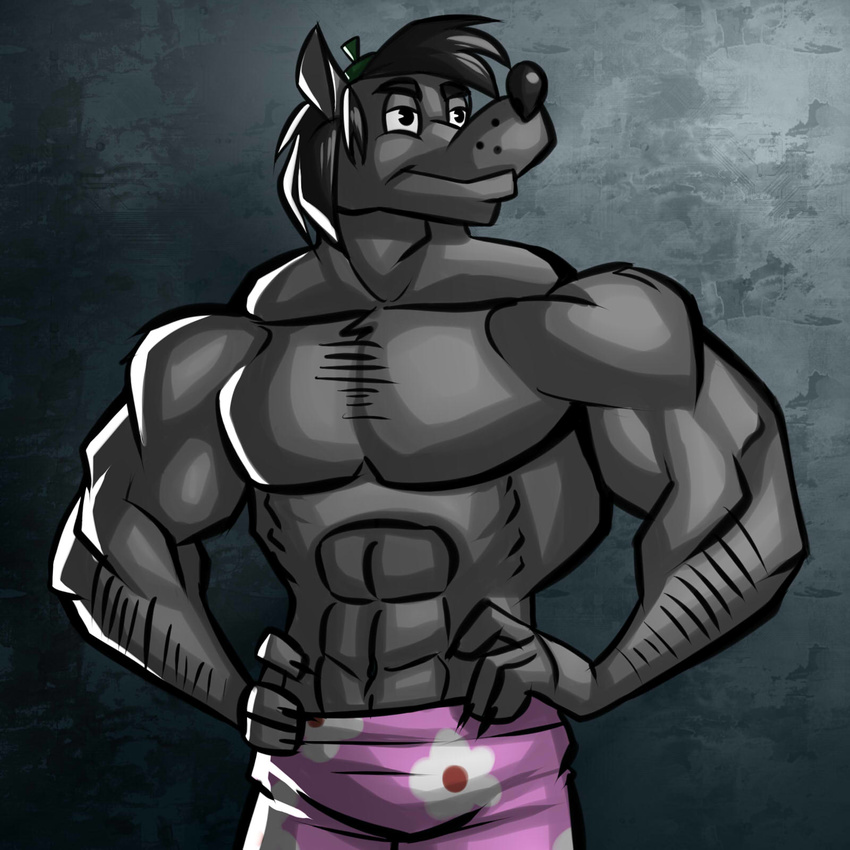 2015 abs abstract_background anthro biceps big_muscles black_eyes black_hair black_nose boxers_(clothing) canine claws clothed clothing digital_media_(artwork) front_view fur grey_fur hair half-dressed hand_on_hip hands_on_hips hi_res kostos_art male mammal muscular navel nu_pogodi pecs simple_background smirk smug solo standing topless underwear volk white_sclera wolf