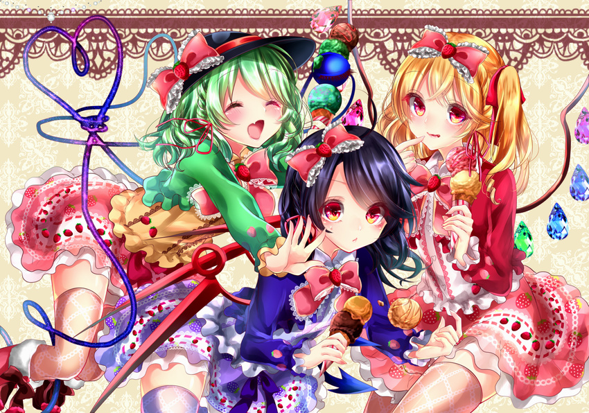 :d ^_^ alternate_costume asymmetrical_wings bad_id bad_pixiv_id bangs black_hair blonde_hair blush boots border bow bowtie chestnut_mouth closed_eyes cropped_legs diamond_(shape) double_scoop dress eyeball eyebrows eyebrows_visible_through_hair fang finger_to_mouth flandre_scarlet floral_print food food_print food_themed_clothes food_themed_hair_ornament frills fur_trim green_hair hair_bow hair_ornament hair_ribbon hat hat_ribbon heart heart_of_string highres holding holding_food houjuu_nue ice_cream ice_cream_cone ice_cream_cone_spill komeiji_koishi lace lace-trimmed_bow lace_background long_sleeves looking_at_viewer multiple_girls one_side_up open_mouth pouncing print_dress purple_legwear pushing red_bow red_eyes red_footwear red_neckwear red_ribbon ribbon ribbon_trim shanghai_bisu short_hair skirt smile spread_fingers stage_connection strawberry_hair_ornament strawberry_print swept_bangs thighhighs third_eye too_many too_many_scoops touhou triple_scoop wavy_mouth wings zettai_ryouiki