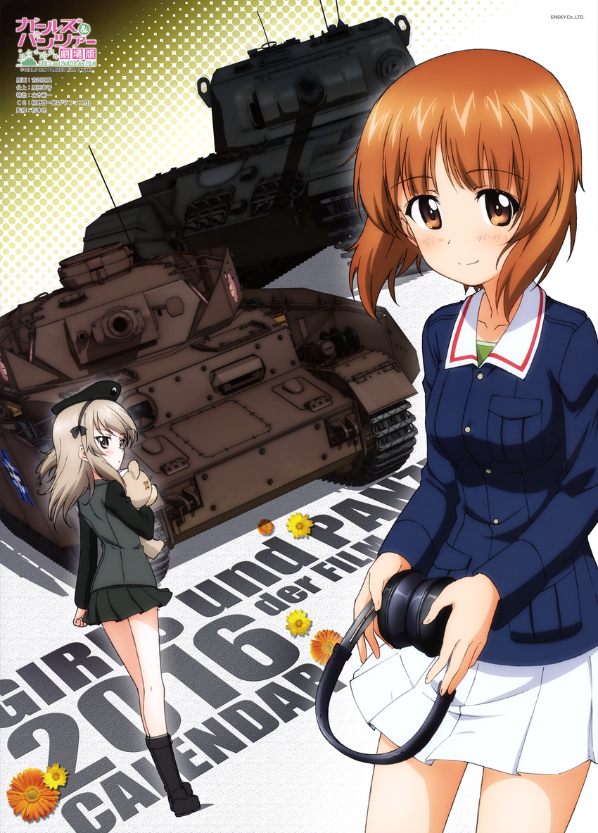 2girls absurdres anglerfish beret blush boots brown_eyes brown_hair calendar_(medium) centurion_(tank) copyright_name emblem flower girls_und_panzer ground_vehicle hat headphones highres holding jacket long_hair long_sleeves looking_at_viewer military military_uniform military_vehicle miniskirt motor_vehicle multiple_girls nishizumi_miho official_art ooarai_(emblem) ooarai_military_uniform panzerkampfwagen_iv pleated_skirt selection_university_military_uniform shimada_arisu short_hair skirt smile standing stuffed_animal stuffed_toy tank teddy_bear uniform white_skirt yoshida_nobuyoshi