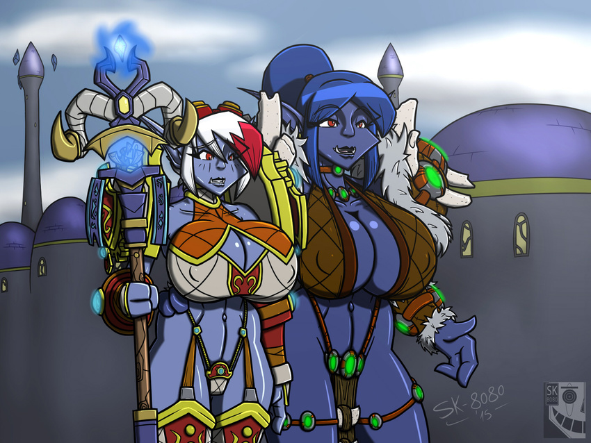 3_fingers big_breasts blue_hair blue_skin breasts clothed clothing duo female hair nipple_bulge not_furry red_eyes red_hair sk-8080 skimpy staff tight_clothing troll video_games warcraft white_hair world_of_warcraft