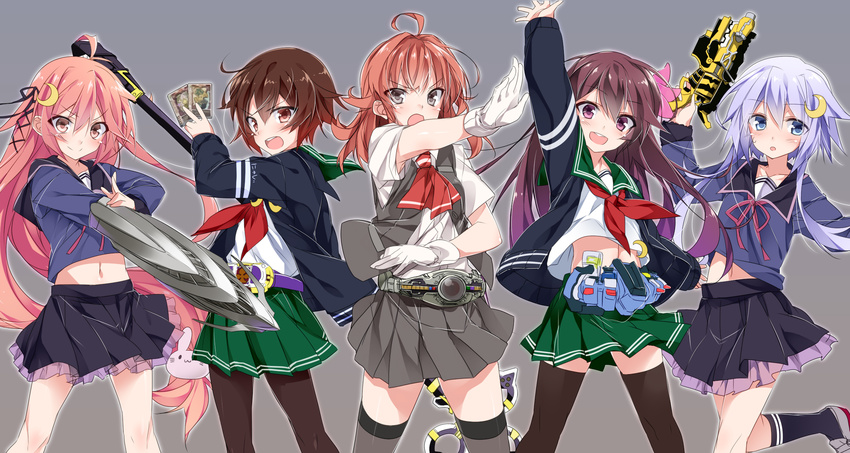 :3 :d :o ahoge arashi_(kantai_collection) arm_up armpit_peek belt blouse blue_eyes blush brown_eyes brown_hair brown_legwear bunny_hair_ornament check_commentary commentary_request crescent crescent_hair_ornament crescent_moon_pin gloves gradient_hair green_skirt grey_legwear gun hair_between_eyes hair_ornament hair_ribbon henshin_pose highres jacket kamen_rider kamen_rider_blade_(series) kamen_rider_fourze kamen_rider_fourze_(series) kamen_rider_kuuga_(series) kamen_rider_leangle kamen_rider_v3_(series) kantai_collection kerchief kisaragi_(kantai_collection) long_hair long_sleeves looking_at_viewer messy_hair mtu_(orewamuzituda) multicolored_hair multiple_girls mutsuki_(kantai_collection) namesake navel open_mouth pantyhose parody pink_hair pleated_skirt pose purple_eyes purple_hair red_hair remodel_(kantai_collection) ribbon rider_belt riderman school_uniform searchlight serafuku short_hair short_hair_with_long_locks simple_background skirt smile staff super_sentai thighband_pantyhose thighhighs uniform uzuki_(kantai_collection) v-shaped_eyebrows very_long_hair vest weapon white_gloves yayoi_(kantai_collection) zyuden_sentai_kyoryuger