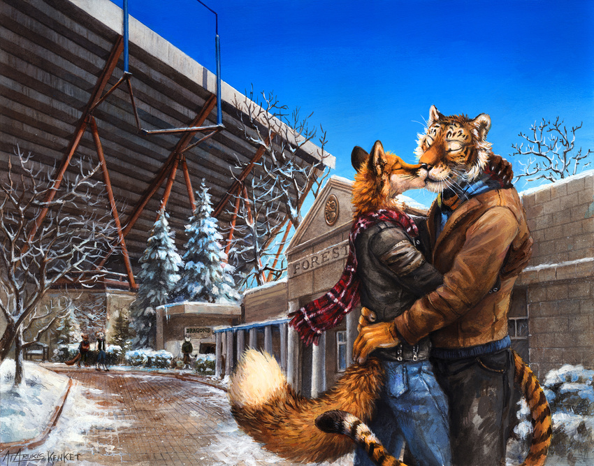 2015 anthro black_fur black_stripes brown_fur building canine claws clothed clothing cover devlin_miski duo duo_focus eyes_closed feline fox fur group hug jacket kenket kyell_gold male male/male mammal orange_body orange_fur out_of_position outside pants pine_tree rukis scarf snow striped_body stripes tiger town tree white_fur wiley_farrel winter