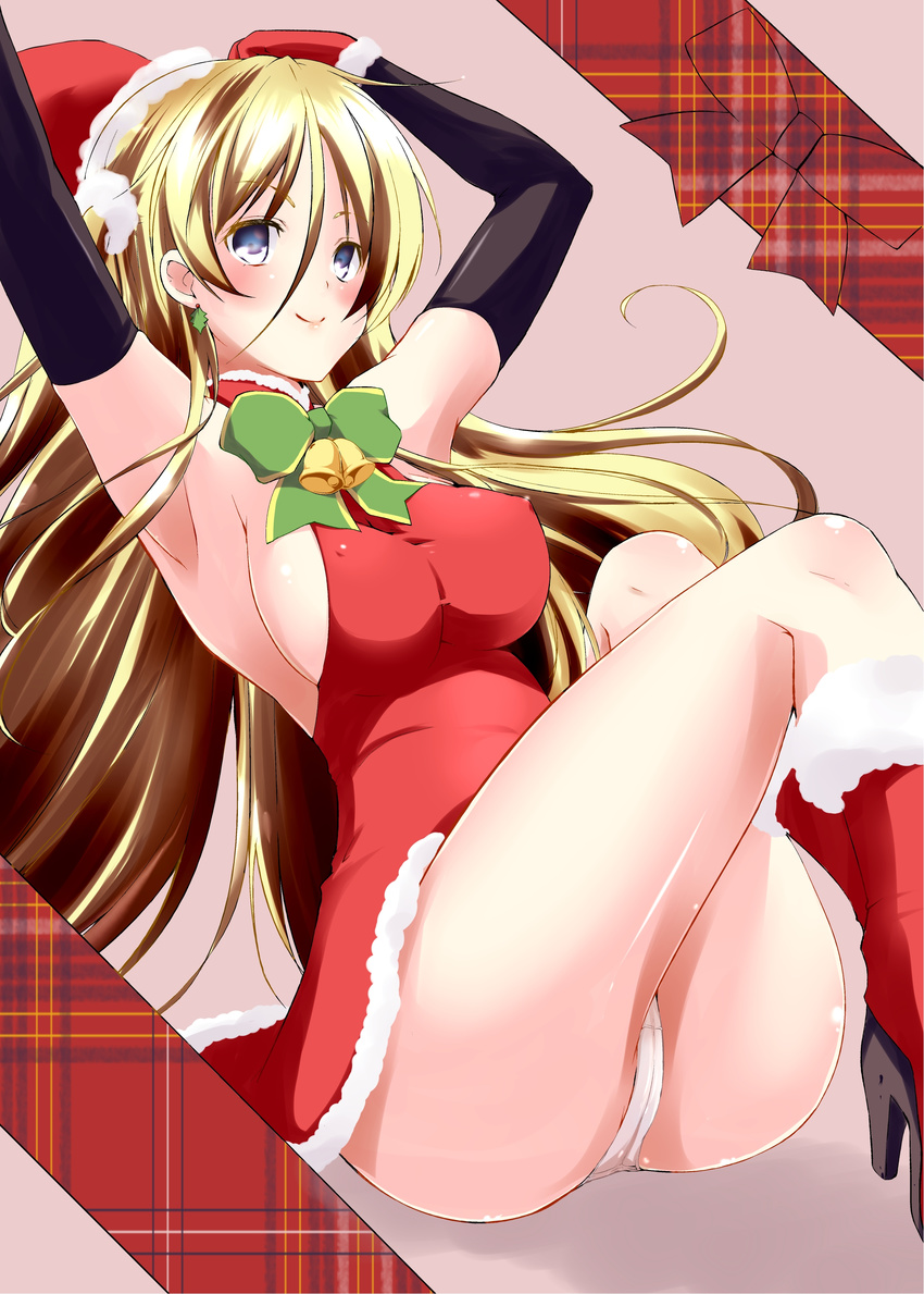 absurdres ass bell black_gloves blonde_hair blue_eyes blush boots bow breasts christmas covered_nipples crotch_seam dress elbow_gloves gloves hair_between_eyes hat high_heel_boots high_heels highres kaizuka large_breasts long_hair original panties red_dress red_footwear red_gloves santa_hat sideboob sitting sleeveless smile solo underwear very_long_hair white_panties