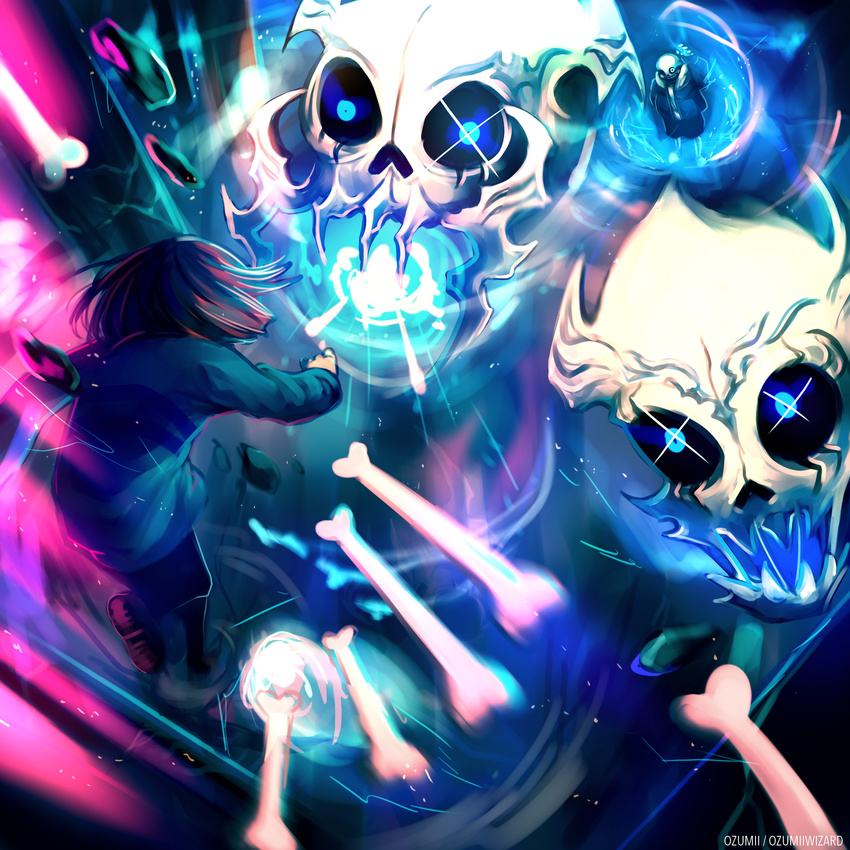 absurdres androgynous arm_up artist_name battle beam blue_fire bone brown_hair fire frisk_(undertale) gasterblaster glowing glowing_eye hand_in_pocket highres hood hoodie leg_up ozumii sans shirt shorts skeleton skull slippers sparkling_eyes spoilers striped striped_shirt teeth undertale walking