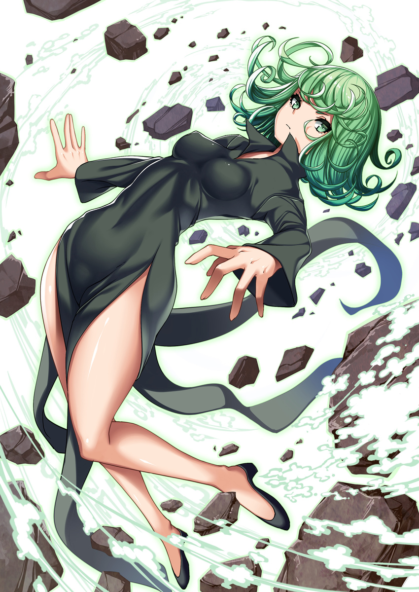 \||/ absurdres bangs black_dress black_footwear closed_mouth covered_navel dress flipped_hair floating frown full_body green_eyes green_hair high_heels highres impossible_clothes impossible_dress long_sleeves looking_at_viewer one-punch_man rock shoes short_hair side_slit solo spiral takanashi-a tatsumaki telekinesis
