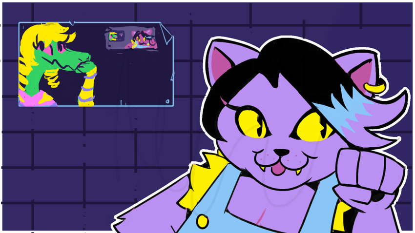 :3 anthro bratty_(undertale) cat catty_(undertale) clothing duo feline fur happy looking_at_viewer mammal purple_fur recursion scalie smile tagme takomomo undertale video_games wallpaper