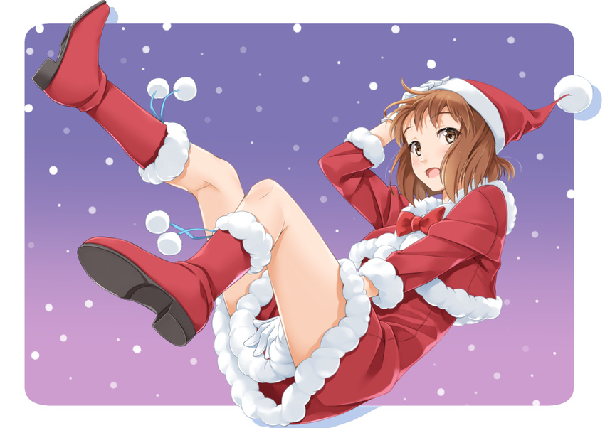 blush brown_eyes brown_hair full_body hagiwara_yukiho hat idolmaster idolmaster_(classic) miri_(ago550421) open_mouth santa_costume santa_hat short_hair smile solo