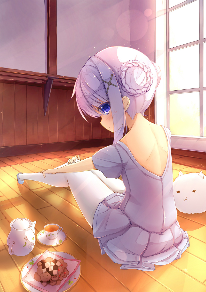 alternate_costume alternate_hairstyle angora_rabbit animal back ballerina ballet_slippers bangs blue_eyes blurry blush bokeh braid braided_bun bunny cookie cup depth_of_field double_bun food full_body gochuumon_wa_usagi_desu_ka? hair_ornament hair_up highres indoors kafuu_chino long_hair looking_at_viewer looking_back pantyhose plantar_flexion plate saucer shadow short_sleeves sitting solo tatapopo tea teacup teapot tippy_(gochiusa) white_hair white_legwear window wooden_floor wooden_wall x_hair_ornament