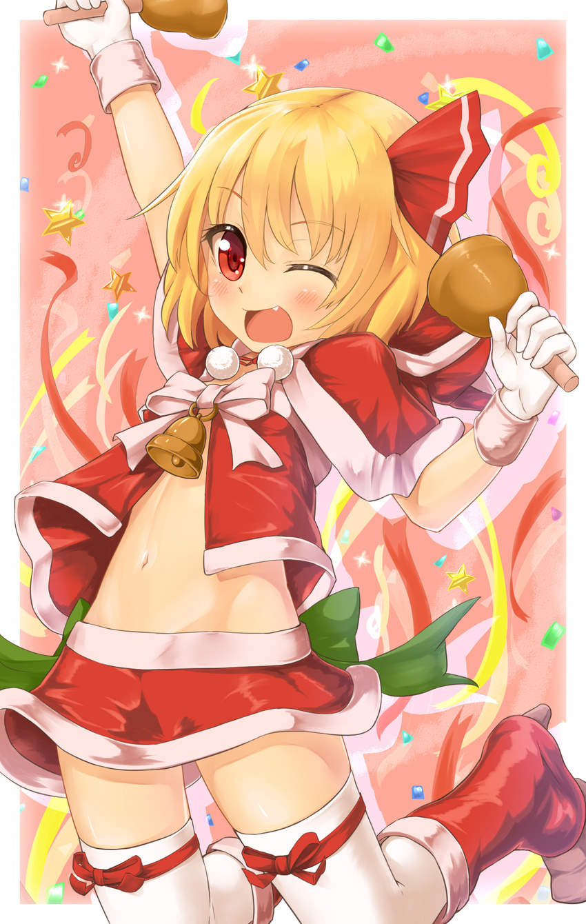 ;d alternate_costume arm_up bell blonde_hair blush boots capelet christmas confetti fang gloves hair_ribbon highres midriff navel one_eye_closed open_mouth outside_border red_eyes ribbon rumia santa_boots santa_costume shiron_(e1na1e2lu2ne3ru3) shirt skirt skirt_set smile solo star thighhighs thighs touhou white_gloves white_legwear zettai_ryouiki