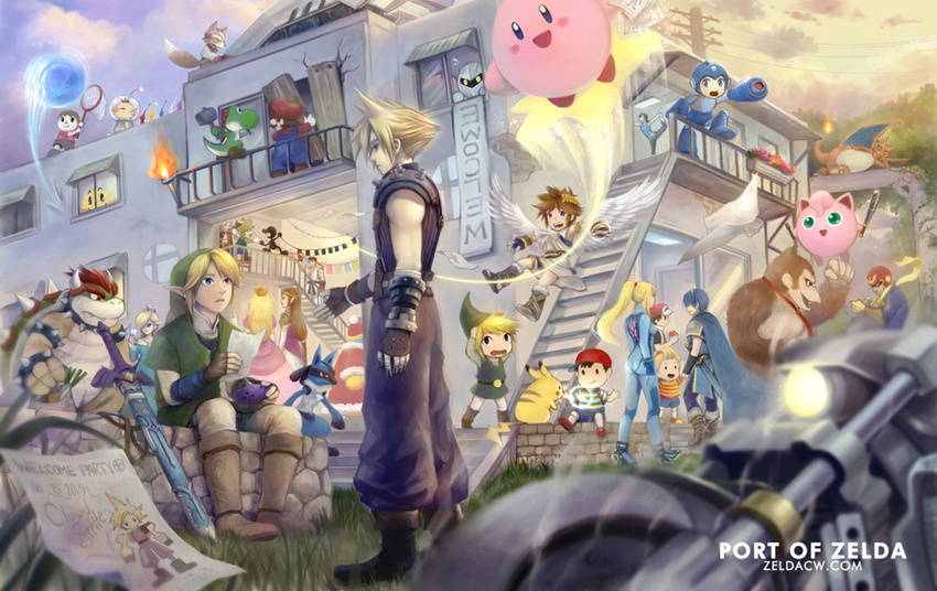 banner baseball_bat blonde_hair blue_eyes boarded_windows bowser breasts butterfly_net cape captain_falcon celebration charizard cloud_strife donkey_kong donkey_kong_(series) doubutsu_no_mori everyone f-zero fighting_stance final_fantasy final_fantasy_vii fire_emblem fox_mccloud game_&amp;_watch gen_1_pokemon gen_4_pokemon gloves ground_vehicle hand_net hat holding holding_poke_ball instrument jewelry jigglypuff kid_icarus king_dedede kirby kirby_(series) link long_hair lucario lucas luigi lying mallet mario mario_(series) marth master_sword medium_breasts meta_knight metroid mother_(game) mother_2 mother_3 motor_vehicle motorcycle mr._game_&amp;_watch multiple_boys multiple_girls my_unit_(fire_emblem:_kakusei) ness ocarina olimar on_side outdoors outstretched_hand pac-man pac-man_(game) pikachu pikmin_(creature) pikmin_(series) pit_(kid_icarus) poke_ball pokemon pokemon_(creature) ponytail princess_peach princess_zelda railing red_(pokemon) red_(pokemon_frlg) rockman rockman_(character) rosetta_(mario) ryuu_(street_fighter) samus_aran scarf sheath sheathed shopping_bag sitting smile sonic sonic_the_hedgehog spiked_hair stairs star_fox street_fighter super_mario_bros. super_smash_bros. sword the_legend_of_zelda toon_link torch villager_(doubutsu_no_mori) warp_star weapon wii_fit wii_fit_trainer yoga yoshi zelda_c_wang zero_suit