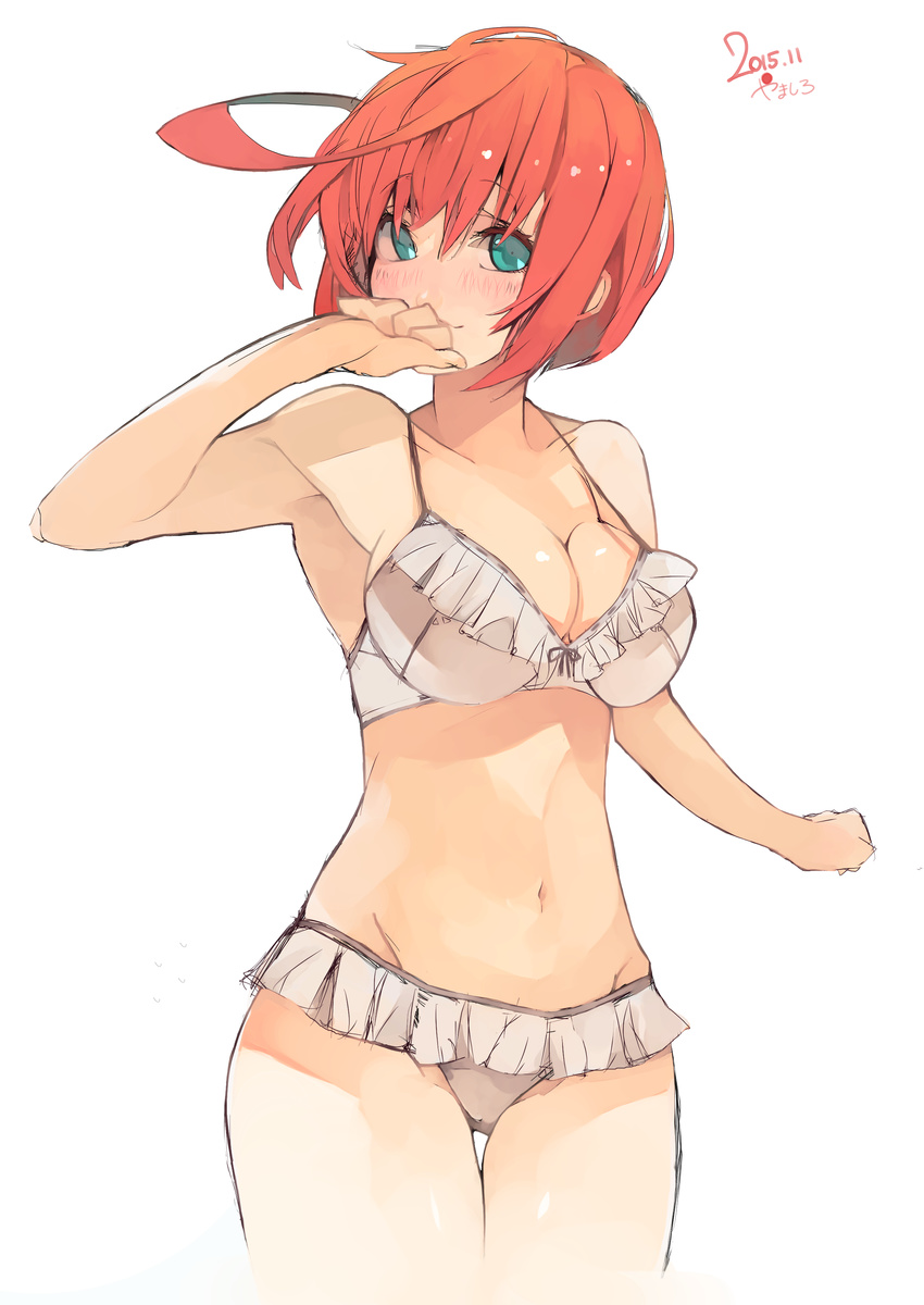 absurdres ahoge aqua_eyes bikini blush breasts cleavage dated elphelt_valentine frilled_bikini frills grey_bikini guilty_gear guilty_gear_xrd hand_to_own_mouth highres large_breasts navel pisuta_(yamashiro) red_hair short_hair simple_background sketch smile solo swimsuit thigh_gap white_background