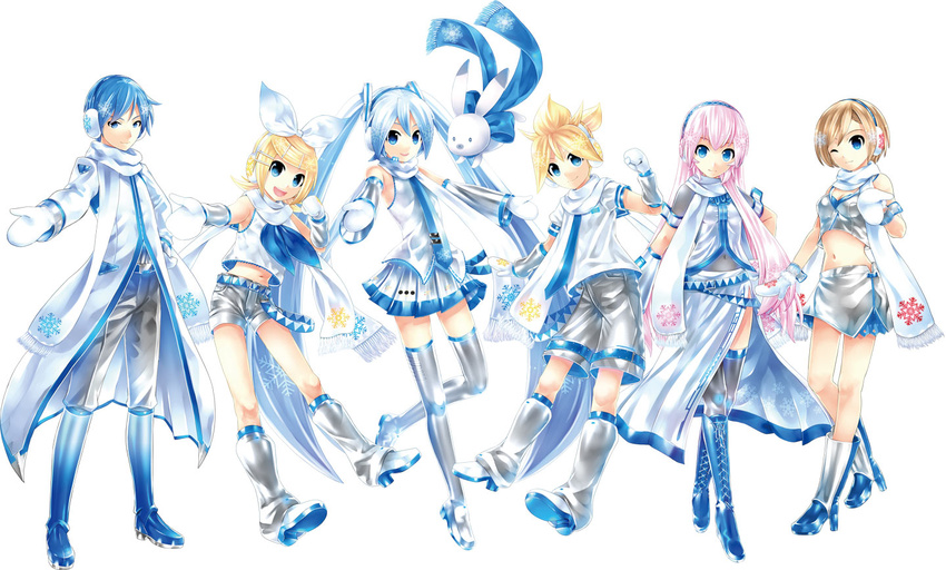 4girls alternate_costume blonde_hair blue_eyes blue_hair brown_hair detached_sleeves gloves hair_ribbon hatsune_miku kagamine_len kagamine_rin kaito kei_(keigarou) long_hair looking_at_viewer megurine_luka meiko multicolored_hair multiple_boys multiple_girls navel necktie pink_hair ribbon short_hair shorts skirt smile snowflake_print twintails vocaloid white_background white_gloves yuki_kaito yuki_len yuki_luka yuki_meiko yuki_miku yuki_rin yukine_(vocaloid)