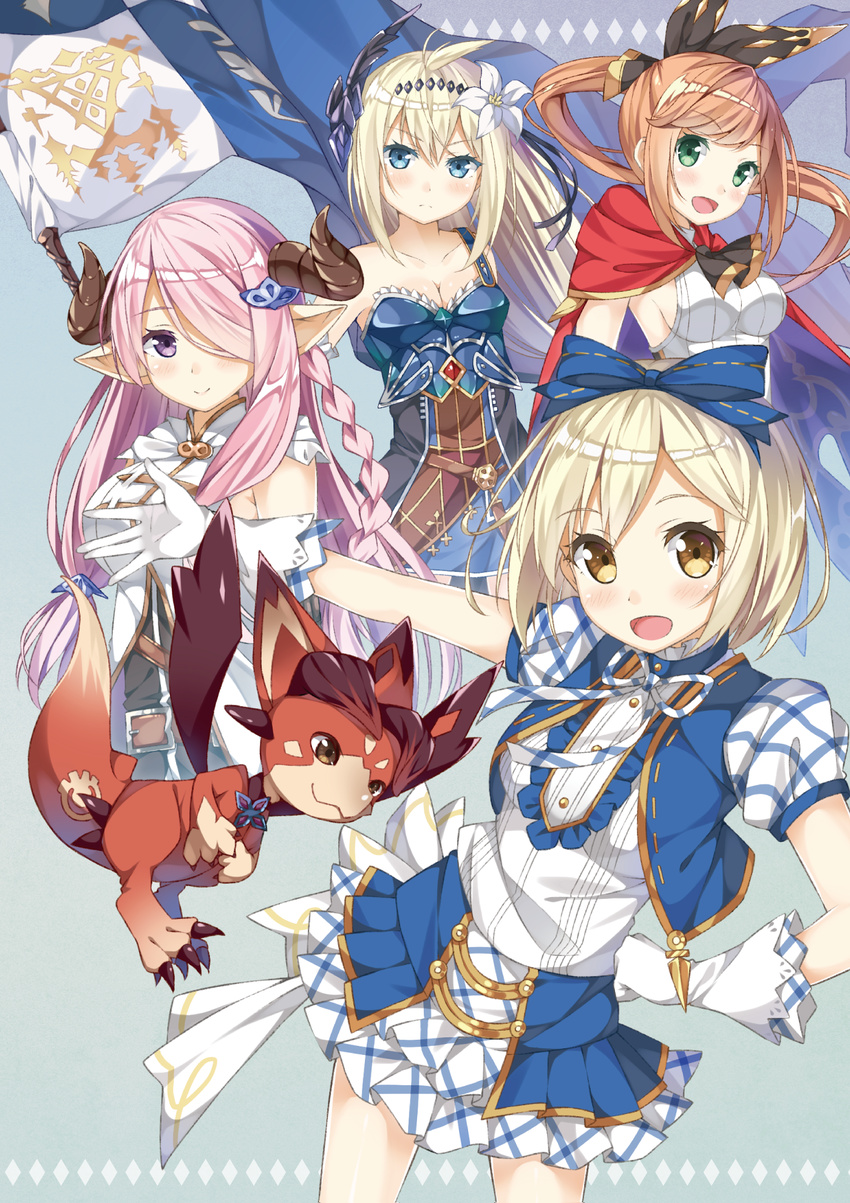 :d alternate_costume banner bare_shoulders blonde_hair blush bow braid breasts brown_eyes cape clarisse_(granblue_fantasy) cleavage djeeta_(granblue_fantasy) draph flower gloves granblue_fantasy green_eyes hair_bow hair_flower hair_ornament hair_over_one_eye hand_on_hip highres horns jeanne_d'arc_(granblue_fantasy) kantoku_(style) kimi_to_boku_no_mirai lavender_eyes lavender_hair long_hair looking_at_viewer medium_breasts multiple_girls narmaya_(granblue_fantasy) open_mouth pointy_ears ponytail short_hair smile taiyaki_(astre) vee_(granblue_fantasy) white_gloves