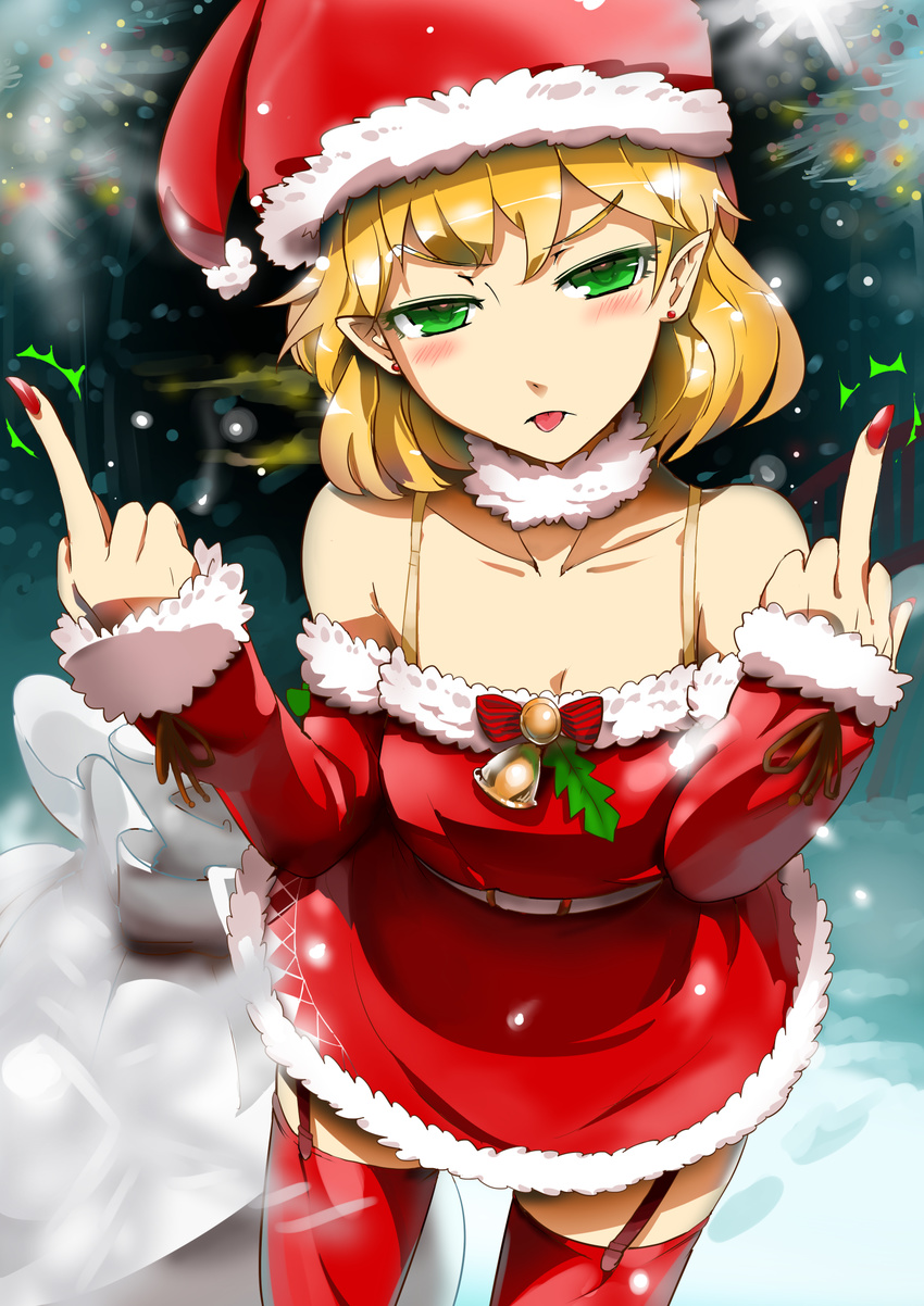 bare_shoulders blonde_hair collarbone commentary double_middle_finger earrings garter_straps green_eyes hat highres jewelry long_sleeves looking_at_viewer middle_finger mizuhashi_parsee pointy_ears red_legwear santa_costume santa_hat sinzan solo thighhighs tongue tongue_out touhou zettai_ryouiki