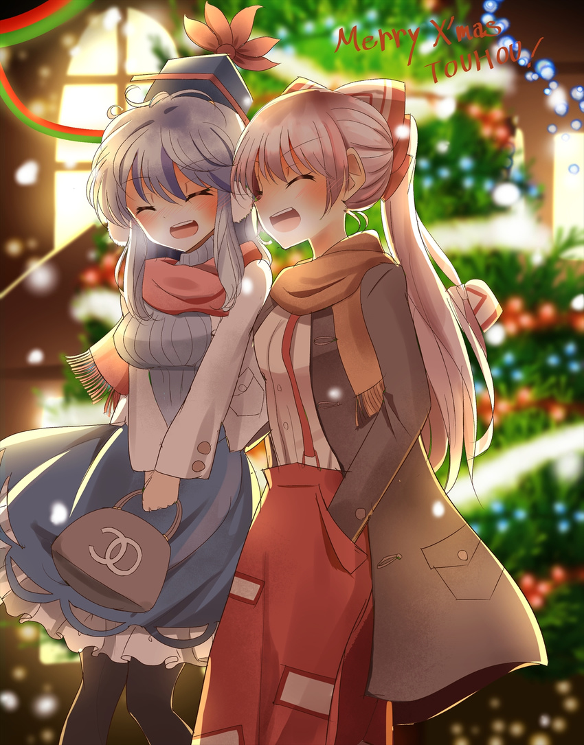 :d ^_^ adapted_costume alternate_hairstyle bag bow christmas christmas_ornaments christmas_tree closed_eyes coat fujiwara_no_mokou hair_bow hair_ribbon hands_in_pockets hat highres indo_(mdtanaka2007) jacket kamishirasawa_keine long_hair merry_christmas multiple_girls open_clothes open_coat open_jacket open_mouth pants ponytail ribbed_sweater ribbon scarf shirt silver_hair skirt smile suspenders sweater touhou tress_ribbon v_arms very_long_hair winter_clothes