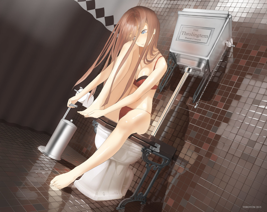 2015 artist_name bare_legs barefoot bathroom blue_eyes blush bra breast_press breasts brown_hair chain cleavage curtains dutch_angle highres indoors knee_to_chest long_hair medium_breasts midriff nail_clippers original panties parted_lips red_bra red_panties reflection shade sitting solo throtem toilet toilet_paper underwear underwear_only very_long_hair water_tank